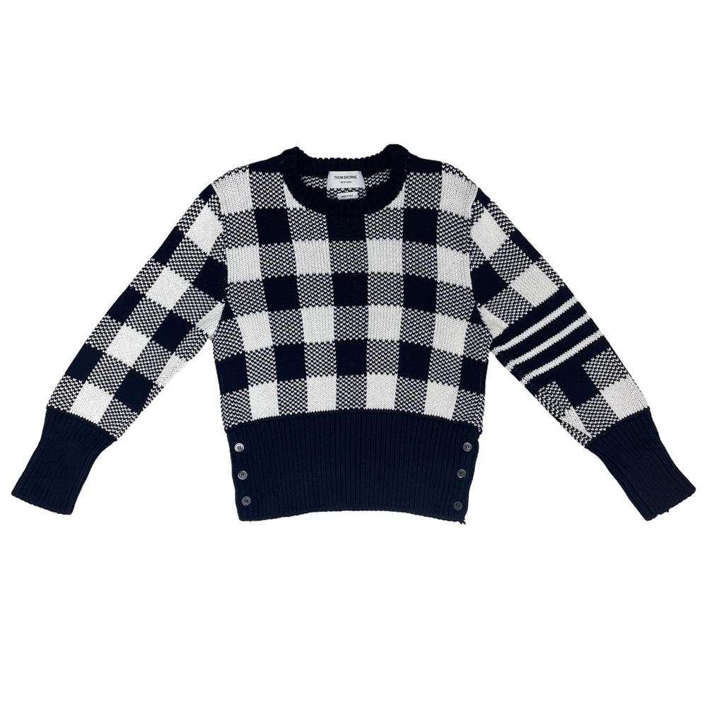 THOM BROWNE Gingham Check Knit Sweater Navy Blue White Men’s Size 1 Small 4 Bars